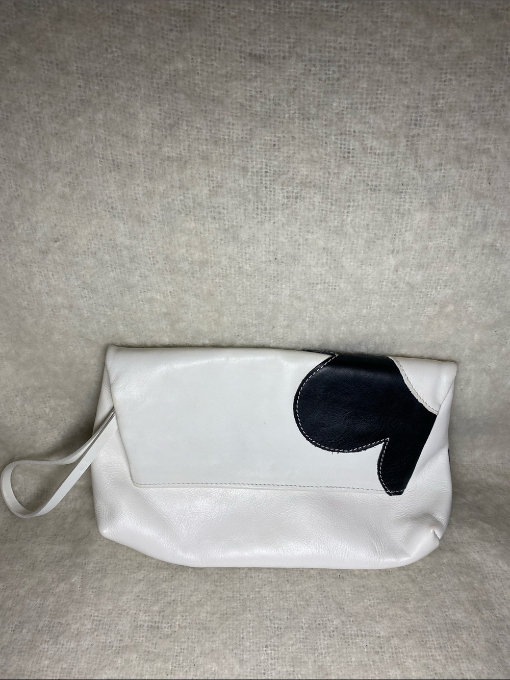 White Leather Wristlet Clutch with Black Accent